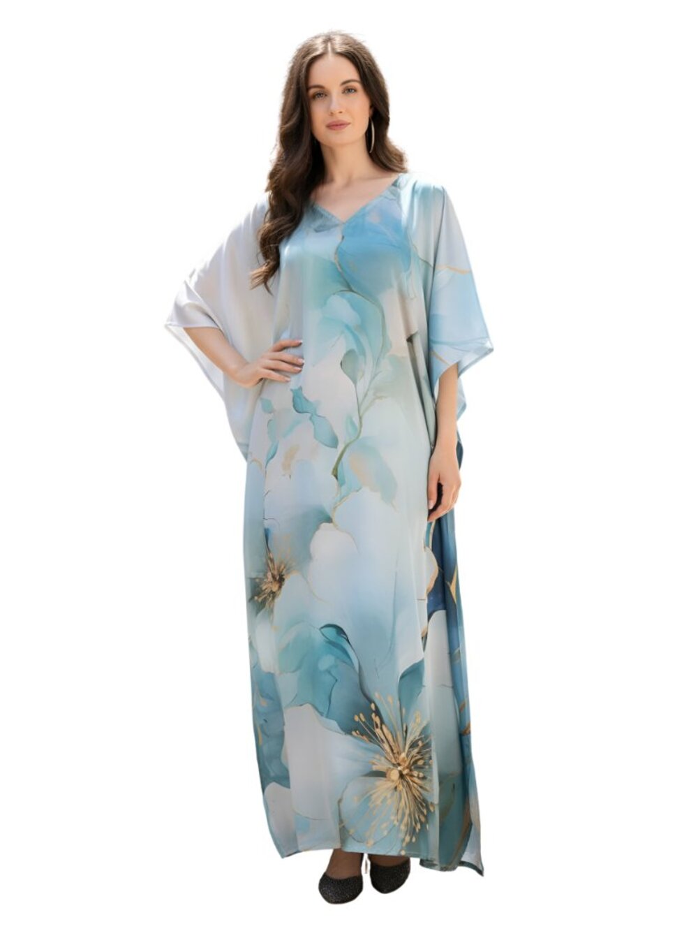 Light Blue Floral Satin Silk Kaftan | Plus Size 1X-3X Resort Wear Dress